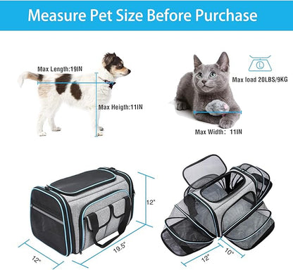 Airline Approved Pet Carrier, Large Soft Sided Pet Travel TSA Carrier 4 Sides Expandable Cat Collapsible Carrier with Removable Fleece Pad and Pockets for Cats Dogs and Small Animals