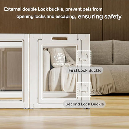 Dog Playpen Transparent Puppy Playpen Indoor, Easy Assemble & Disassemble Clear Pet Playpen, Sturdy & Easy Cleaning Plastic Dog Fence with Fence-to-Wall Anchor & Suction Cup (23.6"" H, 10PCS), WHITE