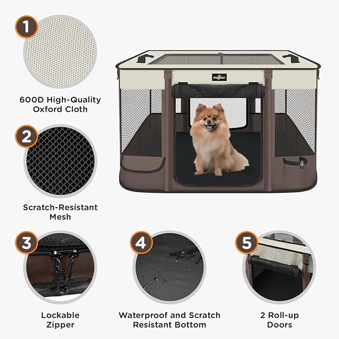 Foldable Pet Kitten Playpen, Upgrade Waterproof Portable Cat Dog Playpen Kennel Tent for Small Dog Cat, Removable Shade Cover, Indoor Outdoor Use for Small Pet, Brown