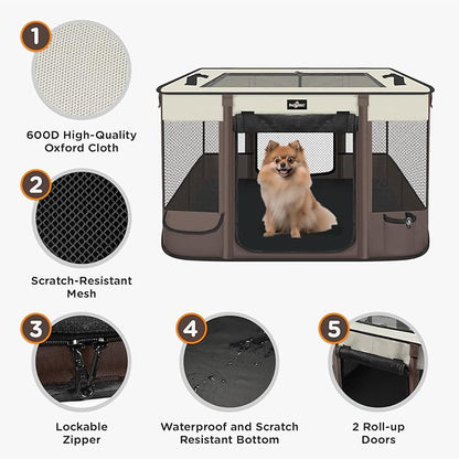 Foldable Pet Kitten Playpen, Upgrade Waterproof Portable Cat Dog Playpen Kennel Tent for Small Dog Cat, Removable Shade Cover, Come with Free Carrying Case, Indoor Outdoor Use for Small Pet, Brown