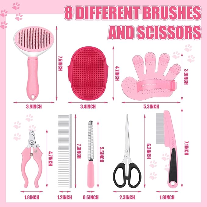 Yaomiao Pet Grooming Brush Kit, Includes 9 Pcs Self Cleaning Slicker, Dog Brush Shedding and Flea Comb, Nail Clippers and File, for Dogs, Cats, All Ages/Unisex, Fresh Color