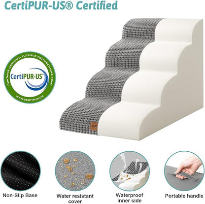 Dog Stairs for Small Dogs 19.7" H, Pet Step with Leakproof Cover, High Density Foam Cat Ramp for Bed, Couch or Sofa, Lightweight, Durable, Comfort, 15.7x28.3x19.7 inch, 4 Tiers, Light Grey