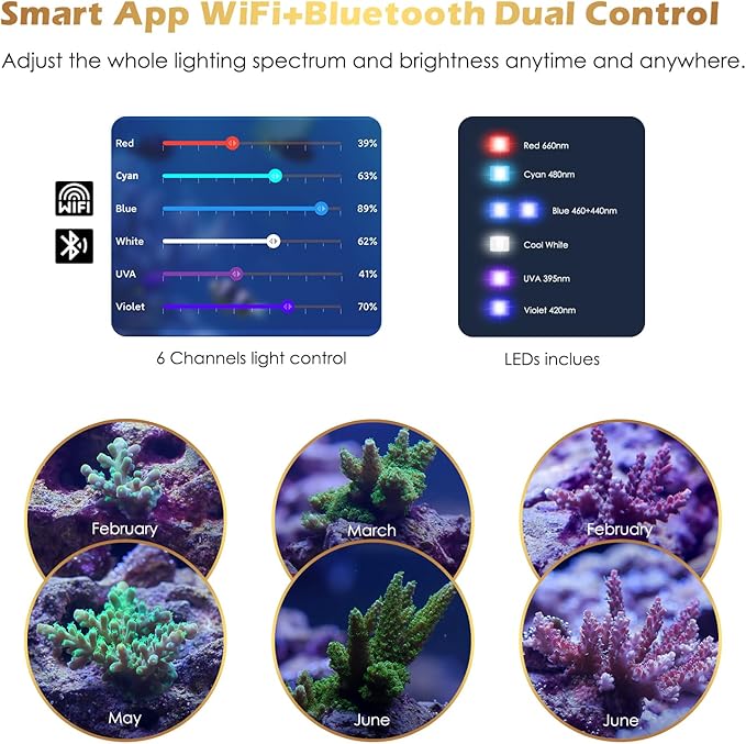 GLOWRIUM Saltwater Aquarium Light, Smart Reef Coral Fish Tank Light with Bluetooth + WiFi Dual Control App, DIY Spectrum, Brightness Adjustable, Anti-Drop, Real Time Water Temperature Sensor(48-60 in)