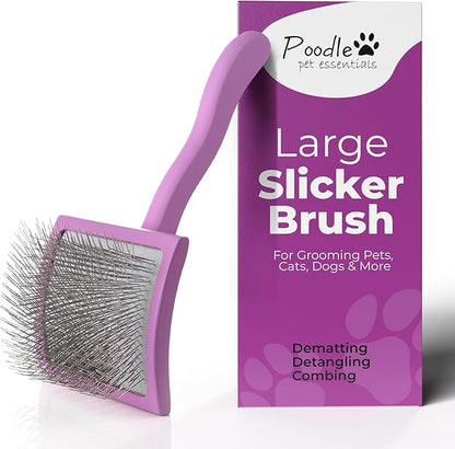 POODLIE Slicker Brush for Dogs - Detangling Dog Brushes for Grooming with Soft Bristles & Long Pins - Professional Cat Deshedding Tool to Removes Tangles & Dirt (Large)