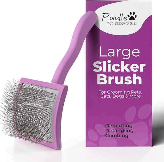 POODLIE Slicker Brush for Dogs - Detangling Dog Brushes for Grooming with Soft Bristles & Long Pins - Professional Cat Deshedding Tool to Removes Tangles & Dirt (Large)