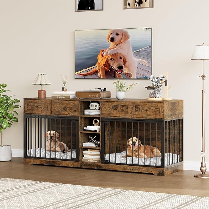 82 Double Dog Crate Furniture, Large Dog Kennel Indoor for 2 Dogs, Heavy Duty Wooden Dog Crate TV Stand with 4 Drawers and Shelves, Brown