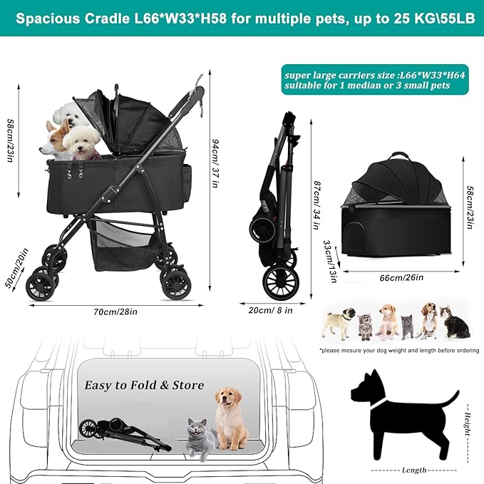 MILA&LOUIS Dog Stroller for Medium Dogs, Lightweigh Pet Stroller for Small Dogs, 4 Upgraded Wheels, Dog Strollers with Cup Holder, Hook, Puppy Stroller with Detachble Spacious Cradle for Multiple Pets