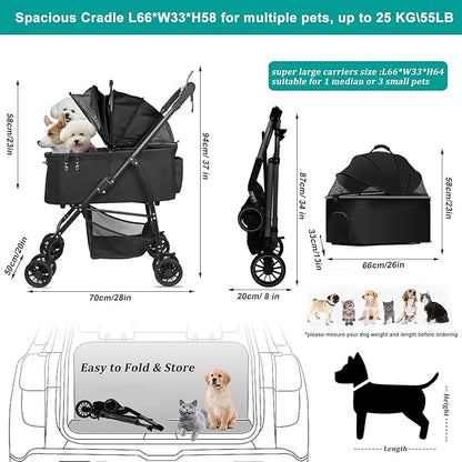 MILA&LOUIS Dog Stroller for Medium Dogs, Lightweigh Pet Stroller for Small Dogs, 4 Upgraded Wheels, Dog Strollers with Cup Holder, Hook, Puppy Stroller with Detachble Spacious Cradle for Multiple Pets