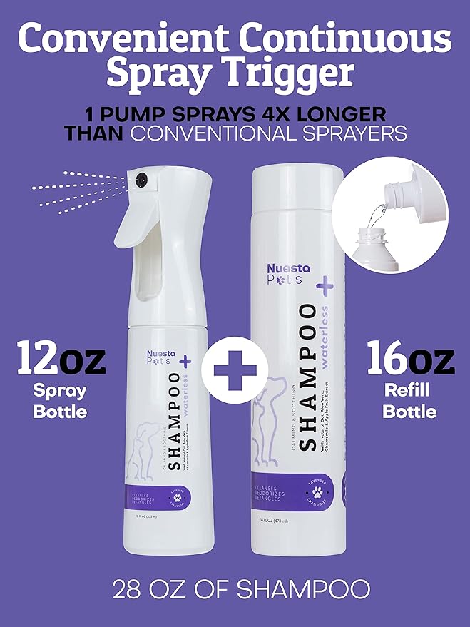 Pets Hypoallergenic Waterless Shampoo | Lavender & Chamomile Formula for Dogs w/ Sensitive Skin | Easy Use 4-n-1 No-Rinse Pet Shampoo, Moisturizer, Conditioner, Deodorizer | Rinse Free Dog Bath