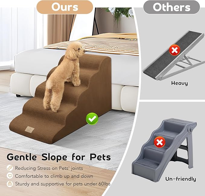 Mestuel Dog Stairs for High Bed 22.8'' H, 5 Steps Dogs Stairs for Bed, Pet Stairs for Small Large Dogs to Couch, Pet Ladder with High Density Foam, Non-Slip Balanced Dog Ramp, Brown
