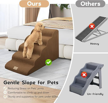 Mestuel Dog Stairs for High Bed 22.8'' H, 5 Steps Dogs Stairs for Bed, Pet Stairs for Small Large Dogs to Couch, Pet Ladder with High Density Foam, Non-Slip Balanced Dog Ramp, Brown