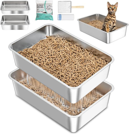 Stainless Steel Sifting Litter Box with Lid, Metal Litter Pan with Scoop for Big Cats Multi Cat, Extra Large Cats Litterbox Odor Control Easy Clean (23 * 15.4 * 6.9inch-Without Enclosure, X-Large)