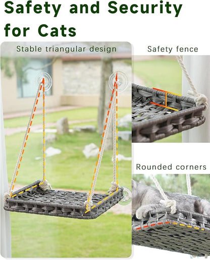 Cat Window Perch, Cat Window Hammock Bed for Indoor Cats, Large Handwoven PE Rattan Window Seat, 4 Suction Cups, Double Sided Washable Cushion Bed, 2.3 Inch Fence Shelf, for Pet Kittens Gray