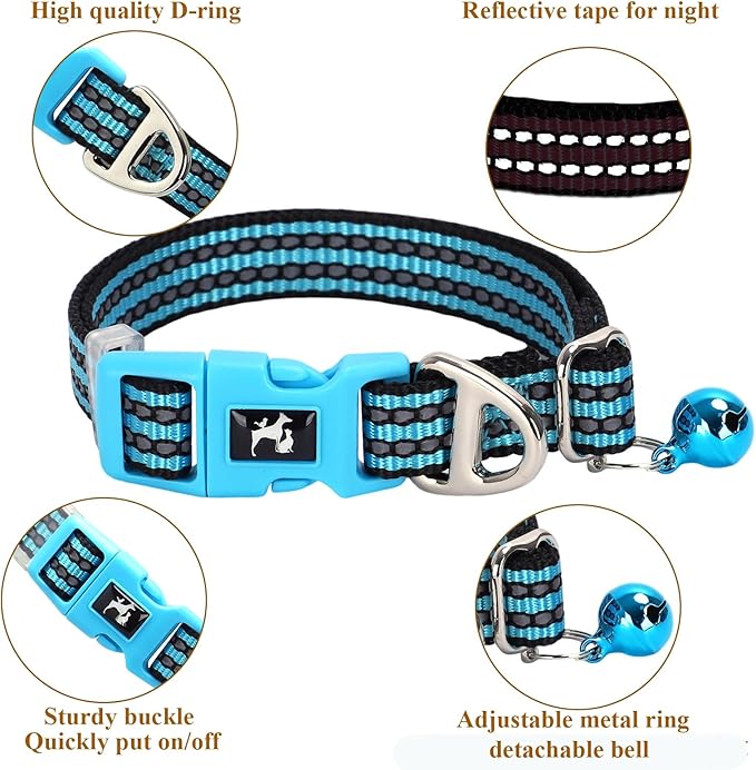 Reflective Dog Collar with Bell - Hypoallergenic Adjustable Nylon Puppy Collar for Night Safety, Soft Comfort Fit Small Dogs & Cats, Blue X-Small