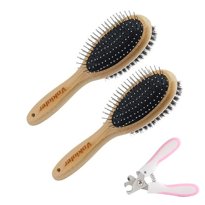 Dog Brush Cat Brush, Double Sided Bristle and Pin Pet Brush for Dog Grooming, Real Boar Bristle Shedding Brush with Bamboo Handle for Long Short Hair, 2 Pack Dog Comb, 1 Nail Clipper