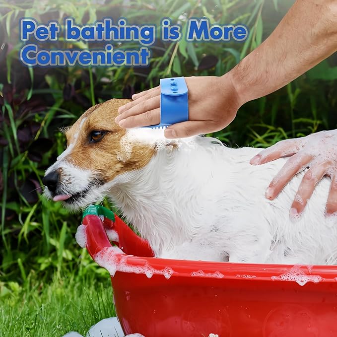 Dog Bath Brush with Grooming Supplies: Dog Brush for Short Haired and Long Haired Dogs, Silicone Brush with Ring Handle, Grooming Tools for Equigroomers, Breeders, and Dog Owners(Blue and Yellow)