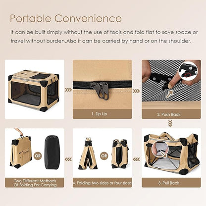 EHEYCIGA Collapsible Dog Crate 30 Inches, Portable Travel Crate for Medium Dogs, Soft Foldable Pet Kennel with 4-Door Mesh Windows Indoor & Outdoor, Beige