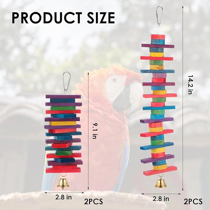 4 Pcs Parrot Toys, Birds Toys with Multicolored Natural Wood Blocks, Bird Chew Toys with Hook and Bell, Bird Cage Toys for Conures, Parakeets, Cockatiels, Lovebirds, African Grey Macaws, 2 Designs