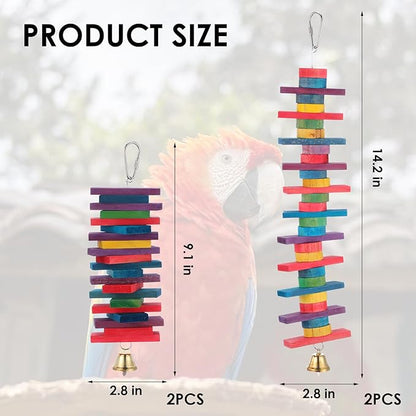 4 Pcs Parrot Toys, Birds Toys with Multicolored Natural Wood Blocks, Bird Chew Toys with Hook and Bell, Bird Cage Toys for Conures, Parakeets, Cockatiels, Lovebirds, African Grey Macaws, 2 Designs