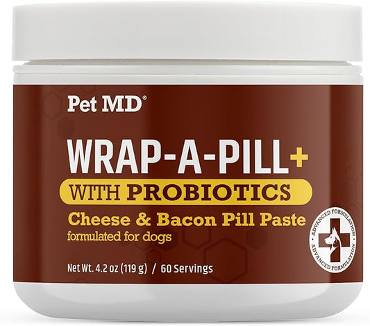 Pet MD Wrap-A-Pill with Dog Probiotics - Pill Wrap for Dogs Medicine - Easy-to-Use Paste to Hide Capsules, Create Pockets and Pill Treats for Dogs - Cheese & Bacon (4.2oz)