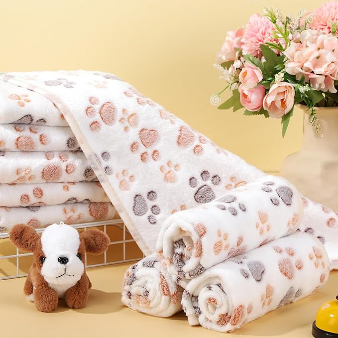 Chumia 40 Pcs Blankets Soft Fluffy Fleece Washable Pet Dog Sleep mat Paw Print Pattern Fleece Blankets for Pets Throw Warm Bed Mat for Dog Puppy Cat(24 x 16 Inch,White)