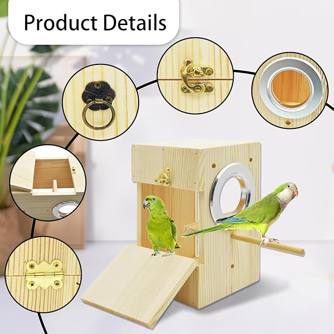 kathson Parakeet Nesting Box Transparent Bird House Bird Nest Box for Cage Parrot Nesting Boxes Wooden Breeding Box for Cockatiel Lovebirds Budgie Finch Canary(M)