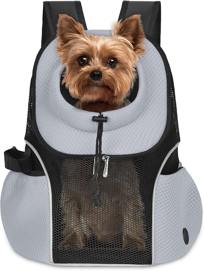 WOYYHO Pet Dog Carrier Backpack Small Dog Front Backpack Ventilated Mesh Dog Travel Back Pack with Safety Belt for Travel Hiking Cycling Outdoor Use (L (10-14 lbs), Grey)