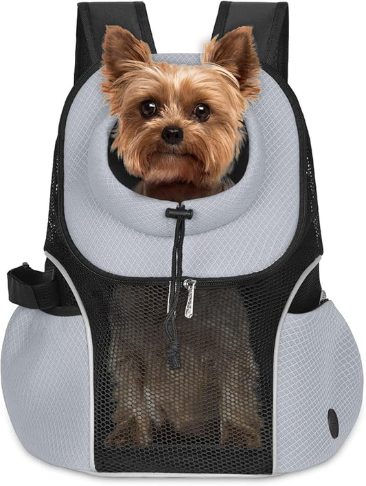 WOYYHO Pet Dog Carrier Backpack Small Dog Front Backpack Ventilated Mesh Dog Travel Back Pack with Safety Belt for Travel Hiking Cycling Outdoor Use (L (10-14 lbs), Grey)