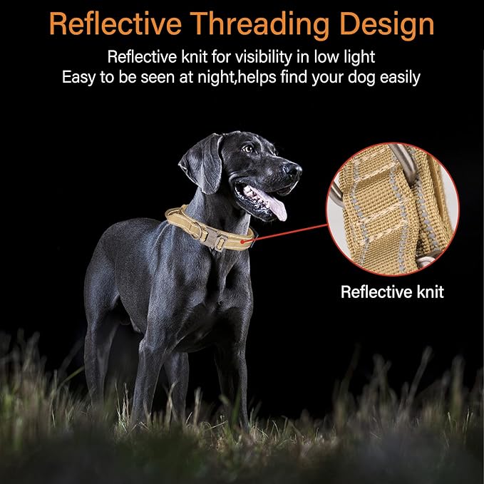 KCUCOP Tactical Dog Collar, Heavy Duty Dog Collar with Handle and Metal Buckle, Military Thick Dog Collars for Medium and Large Dogs(Brown-Reflective Set-L, 1 Patch)