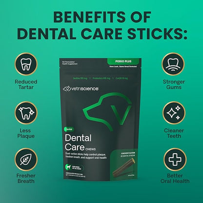 VetriScience Healthy Mouth Dental Chews, Perio Plus Sticks for Dogs, with Probiotics, Spirulina & Zeolites, Breath Freshening, Plaque & Tartar Control, Chicken, 30 Count