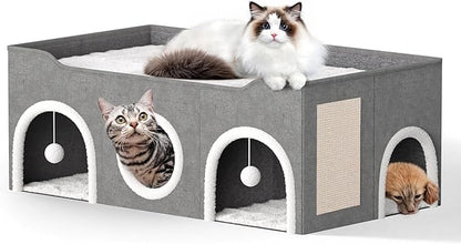 All-in-1 Extra-Wide Cat House for Indoor, Multi Cats Puppy Family, Large Cat Cave for Pet House with Fluffy Ball Hanging and Scratch Pad, Foldable Dog Hideaway, 35.4x19.6x13.3 inches, Grey