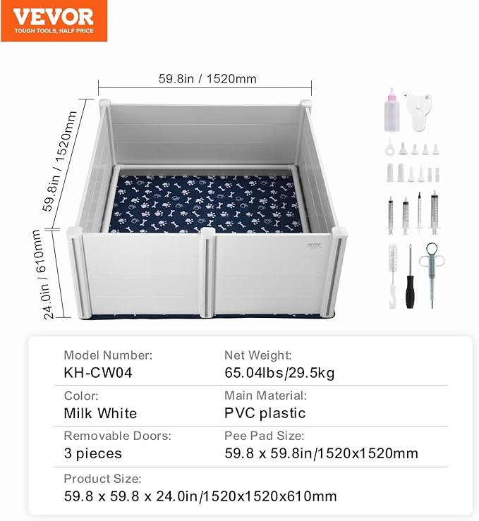VEVOR Dog, 59.8 x 59.8 x 24.0in Whelping Box for Dogs and Puppies, Whelping Pen for Puppies, Dog Birthing Box with Rails and Washable Pee Pad, Whelping Box for Large Breed Dogs, White