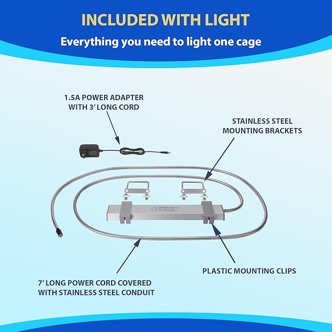 HappyBird Lighting Bird Cage Light with Chew Guard - Full Spectrum LED Pet Light - Simulates Natural Environment - Safe for Hookbill Birds – Easy to Install - (10" Long)