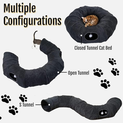 R1M Cat Tunnel Bed for Indoor Cats, Cute Cat Donut Tunnel Toys for Small, Larger Cats with Two Fish Cat Toys, Round Pet Peekaboo Cave Toy for Kitten, Dark Grey