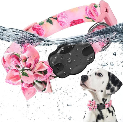 Airtag Dog Collar for Small Dogs, Rose-Pink Dog Collars Girl with AirTag Holder Waterproof Airtag Case, Including Flower Spring Dog Collar Bowtie, for All Female Dogs ï»