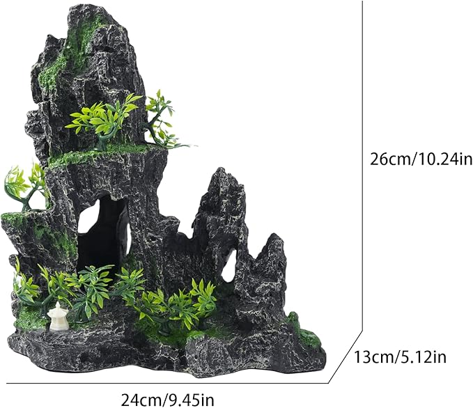 Large Fish Tank Decorations - Mountain View Aquarium Ornament with Tree House Cave Bridge,Resin, 10.24x9.45x5.12 inches, C
