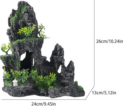 Large Fish Tank Decorations - Mountain View Aquarium Ornament with Tree House Cave Bridge,Resin, 10.24x9.45x5.12 inches, C