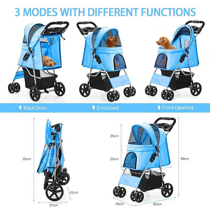 Dog Stroller for Small Dogs, Portable Pet Stroller for Cats Folding Puppy Stroller Lightweight Dog Cat Cage Jogger Stroller with Storage Basket and Cup Holder, 4 Wheels, Blue