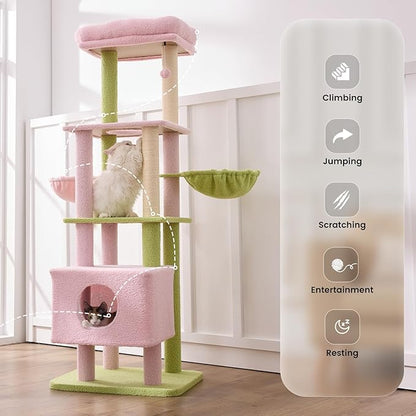 Gardner Pet 65in Heavy Duty Cat Tree Tower for Large Cats, Multi-Level Cat Furniture with Replaceable Sisal Scratching Post, Hammock | Extra-Large Platform & Condo (Pink&Green, Basic φ:2.84")