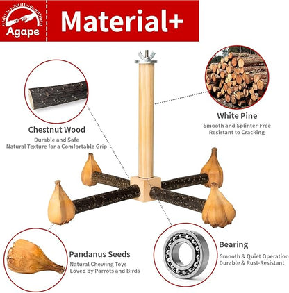 Agape Rotating Parrot Perch Toy with Chew Toy, Natural Wooden Perch Stand for Small & Medium Birds, Bird Cage Accessory with Exercise Wheel for Parakeets Cockatiels Lovebirds Conures Finches Budgies