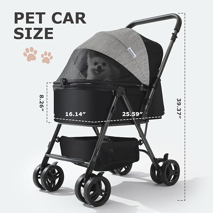 SWITTE Dog Stroller for Small Medium Dogs, Foldable Cat Pet Stroller with Reversible Handlebar, 4 Universal Wheels, Portable Puppy Dog Jogging Stroller with Waterproof Pad, Grey
