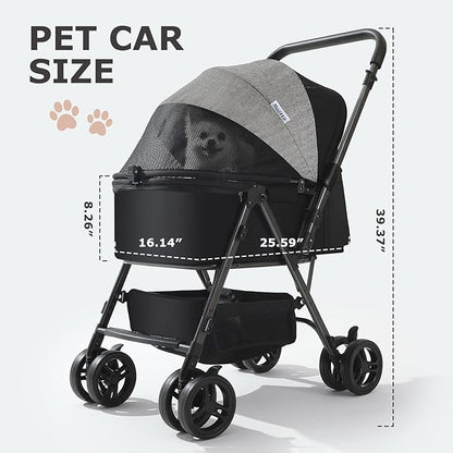 SWITTE Dog Stroller for Small Medium Dogs, Foldable Cat Pet Stroller with Reversible Handlebar, 4 Universal Wheels, Portable Puppy Dog Jogging Stroller with Waterproof Pad, Grey