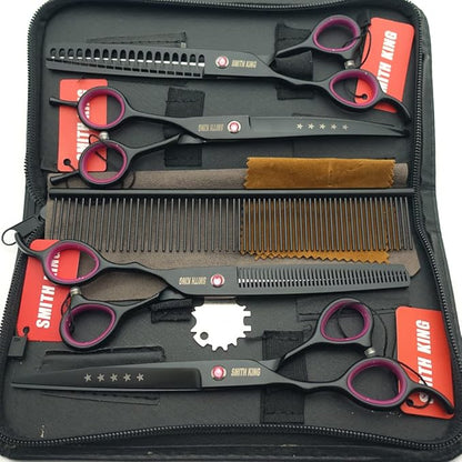 7.0 inches Professional Dog Grooming Scissors Set Straight & thinning & Curved & chunkers & comb 5pcs in 1 Set for left-handed & right handed Black
