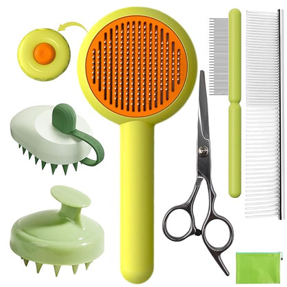 Dog Grooming Set: 7 PCS Deshedding Brushes for Short & Long Haired Dogs and Cats - Scrubber Shower Brush, Dematting Comb, Scissors, Orange