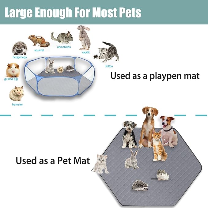 Hexagon Washable Liner for Small Animal Playpen, Portable Reusable Guinea Pig Playpen Pad Hamster Cage Pee Pad Super Absorbent Indoor Waterproof Anti-Slip for Rabbit Bunny (Grey)