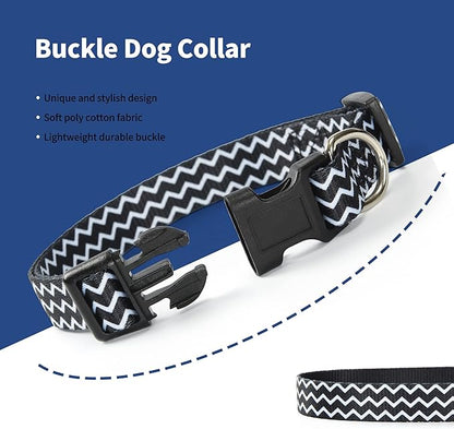 Mile High Life Dog Collar | Cute Puppy Collars | Lightweight Girl Dog Collar | Soft Boy Dog Collars | w Geometric Plaid Wave Line Pattern (Black Plaid, Large)