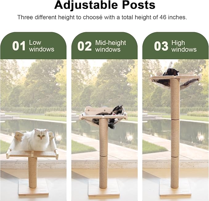 Cat Window Perch with Scratching Post, 46" Adjustable Tall Scratching Posts & Suction Cup – Multi-Level Perch for Climbing, Bird Watching, and Play, Supports 45 lbs (Drilling-Free)