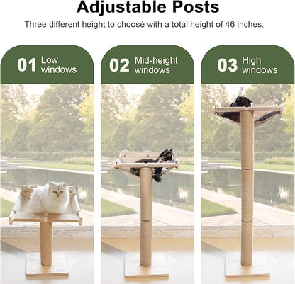 Cat Window Perch with Scratching Post, 46" Adjustable Tall Scratching Posts & Suction Cup – Multi-Level Perch for Climbing, Bird Watching, and Play, Supports 45 lbs (Drilling-Free)