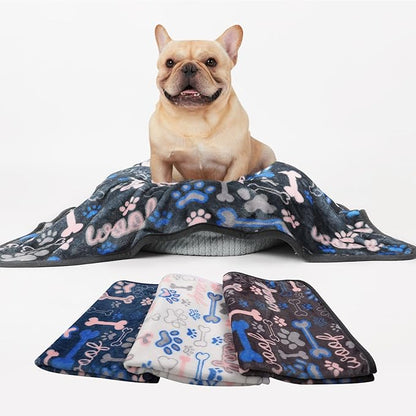 Luciphia 1 Pack 3 Blankets Fluffy Premium Fleece Pet Blanket Flannel Paw Bone Printed Throw for Dog Cat(Small 23"x16", White/Grey/Navy)