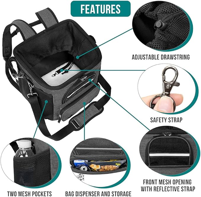 PetAmi Dog Bike Basket, Soft-Sided Ventilated Dog Bike Carrier Backpack, Dog Pet Bicycle Basket for Bike Handlebar, Small Medium Puppy Cat Kitten Car Booster Seat with Safety Strap